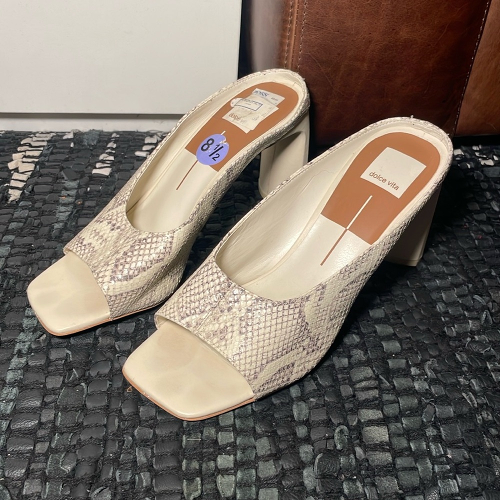 Snakeskin Print Cream Heels with Square Toe and Block Heel
